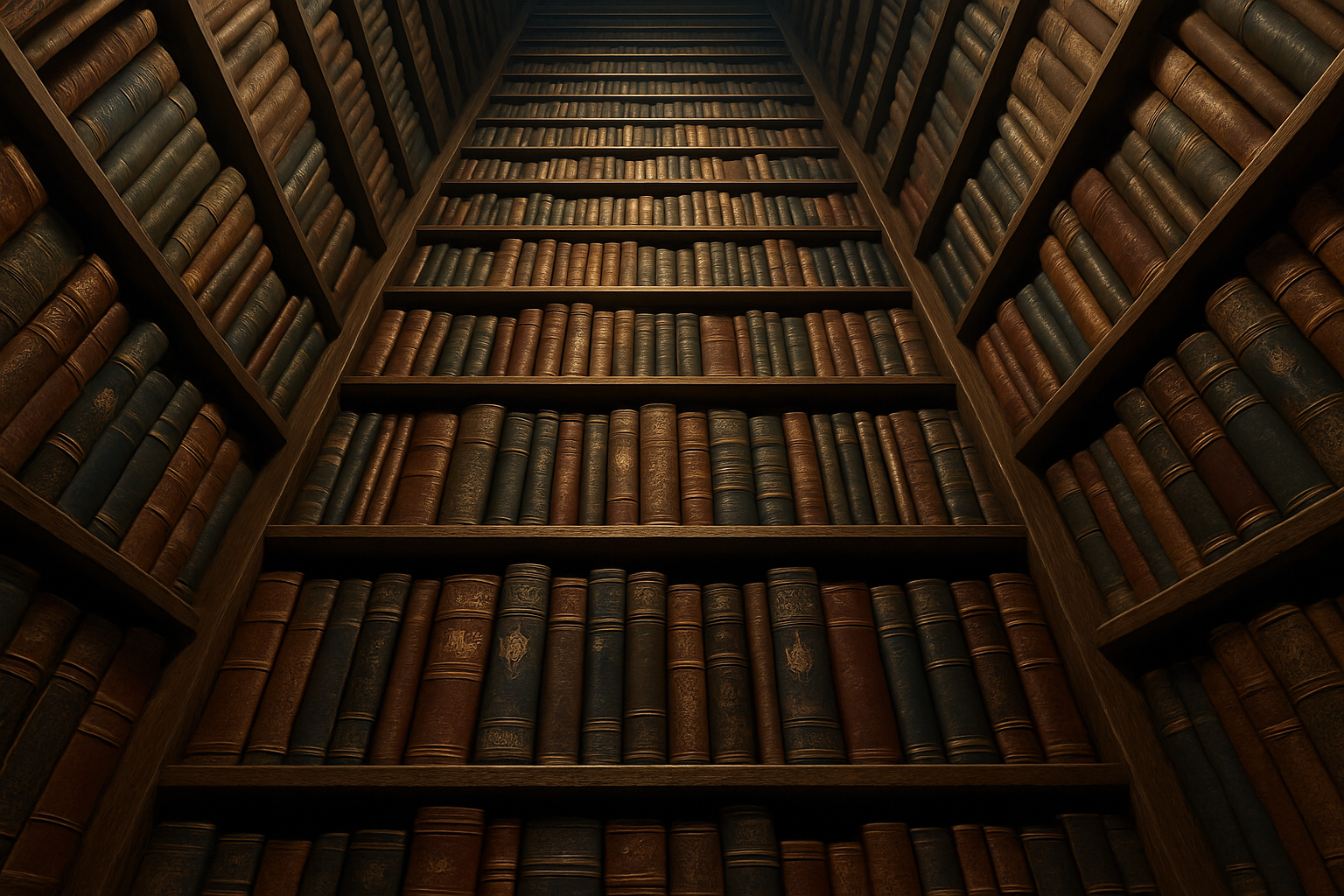 A realistic image of Looking up from the base of a massive bookshelf. The book shelf is full of majestic looking books. 